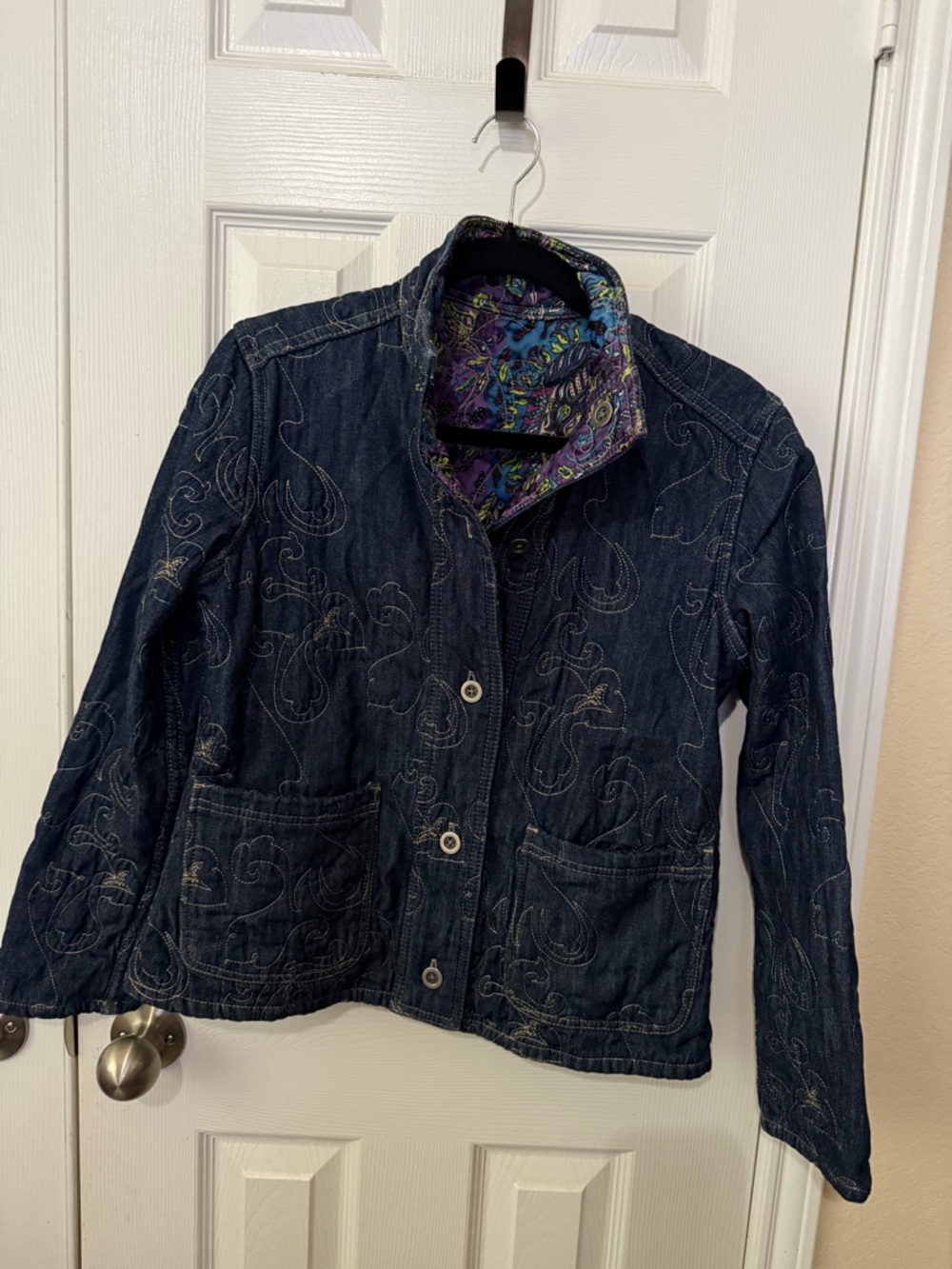 Chico’s 1 Reversible Denim Jacket Embroidered Paisley Quilted Satin Colorful M